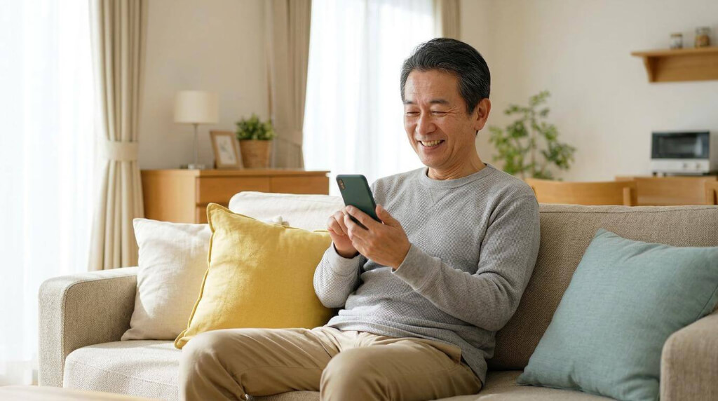 リラックスしてスマホを見るシニア男性